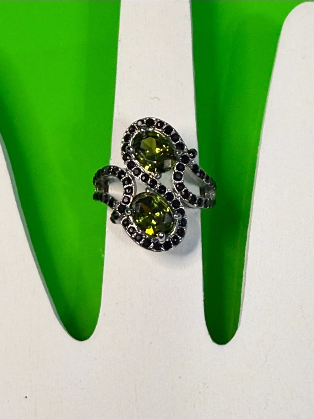 Size 6 Vintage Inspired Elegant Olive Green Double Stone Silver plated  Ring